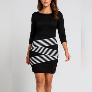 Dress Above The Knee Black & White Two Tone 6 Colorblock Office Siren Dressy Cas